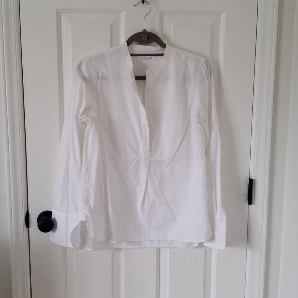 White Everlane collarless button-down shirt